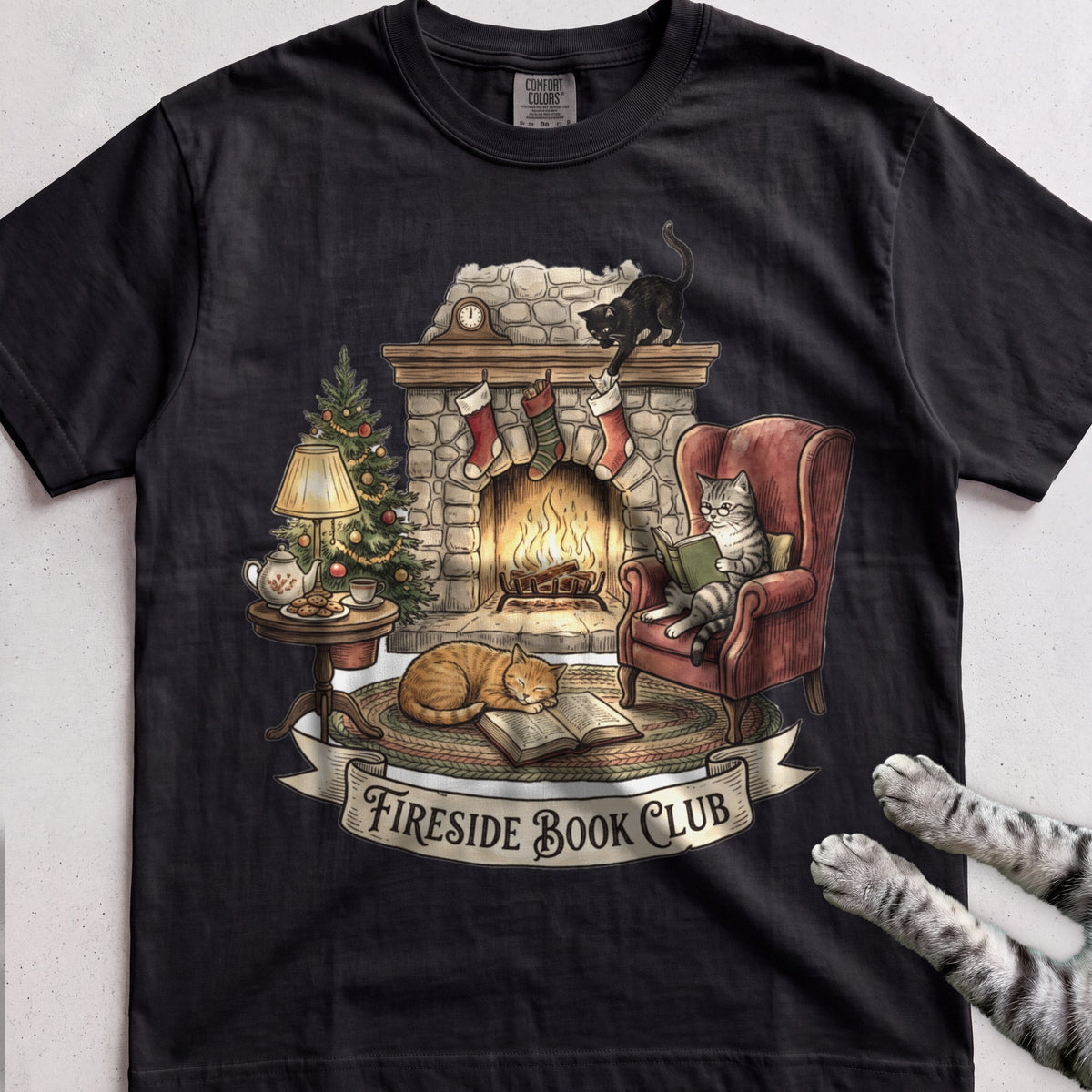 Fireside Book Club Cat T-Shirt - Black