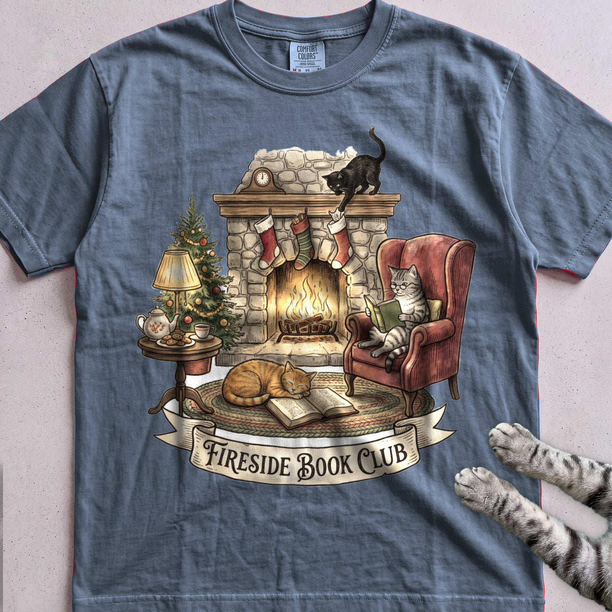 Fireside Book Club Cat T-Shirt - Blue Jean