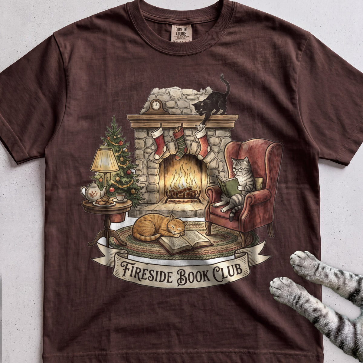 Fireside Book Club Cat T-Shirt - Espresso