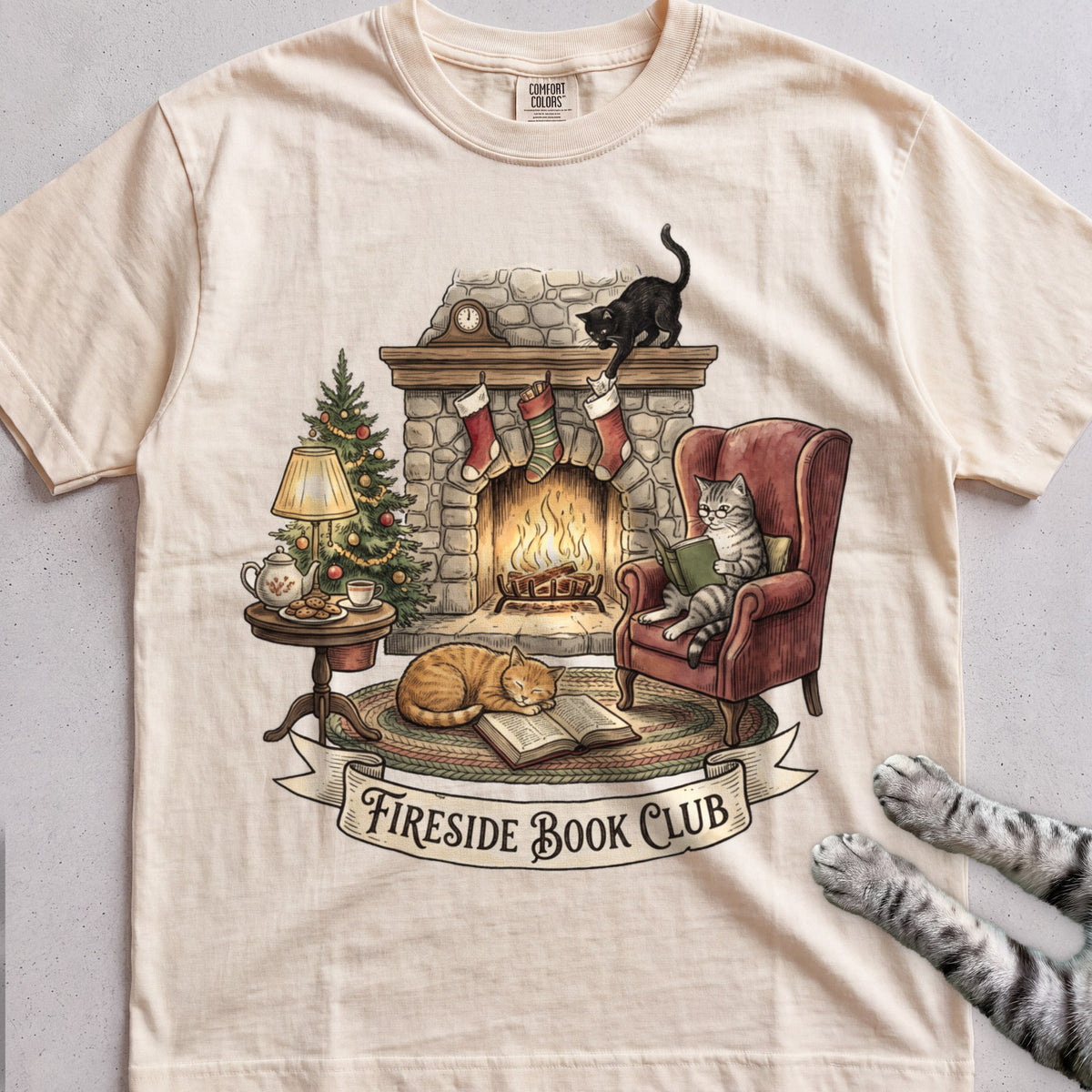 Fireside Book Club Cat T-Shirt - Ivory