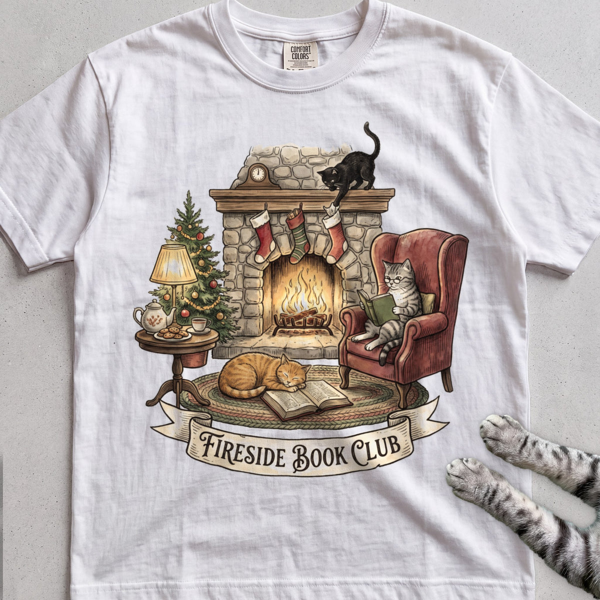 Fireside Book Club Cat T-Shirt - White