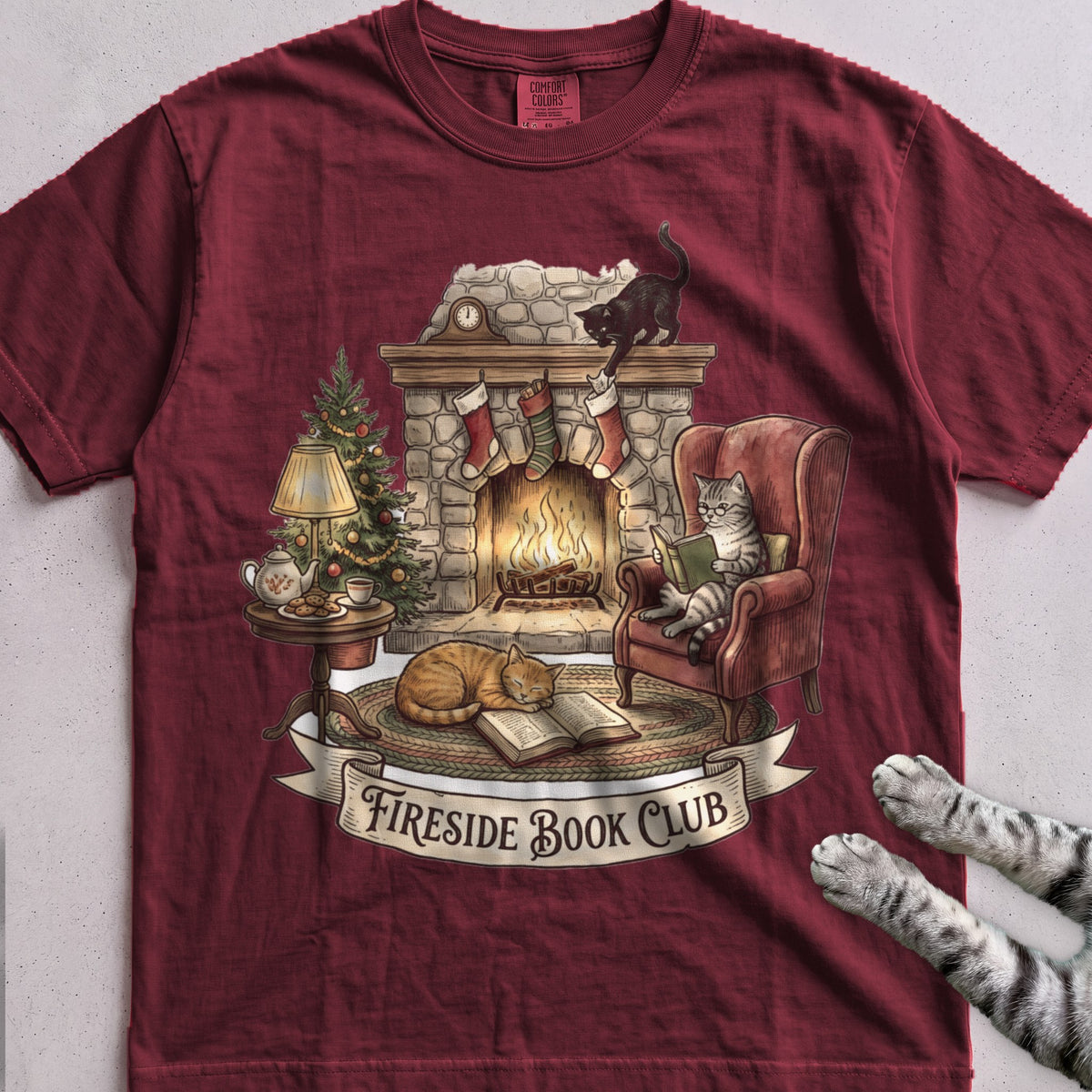 Fireside Book Club Cat T-Shirt - Wine