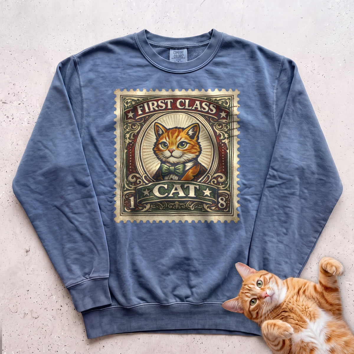 First Class Stamp Custom Personalized Cat Sweatshirt - Blue Jean