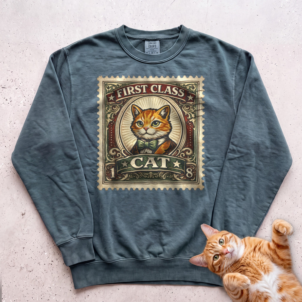 First Class Stamp Custom Personalized Cat Sweatshirt - Blue Spruce