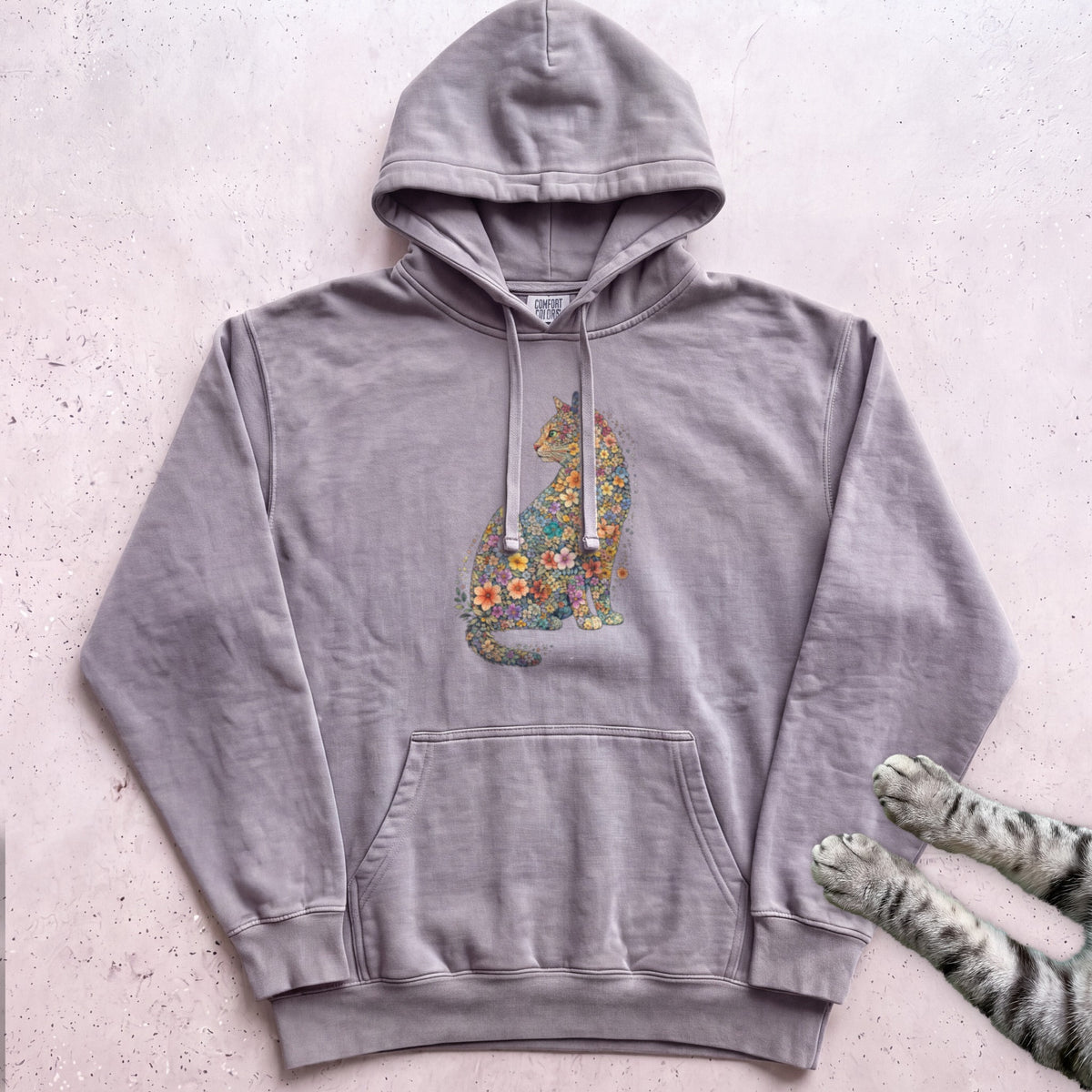 Floral Cat Hoodie - Grey