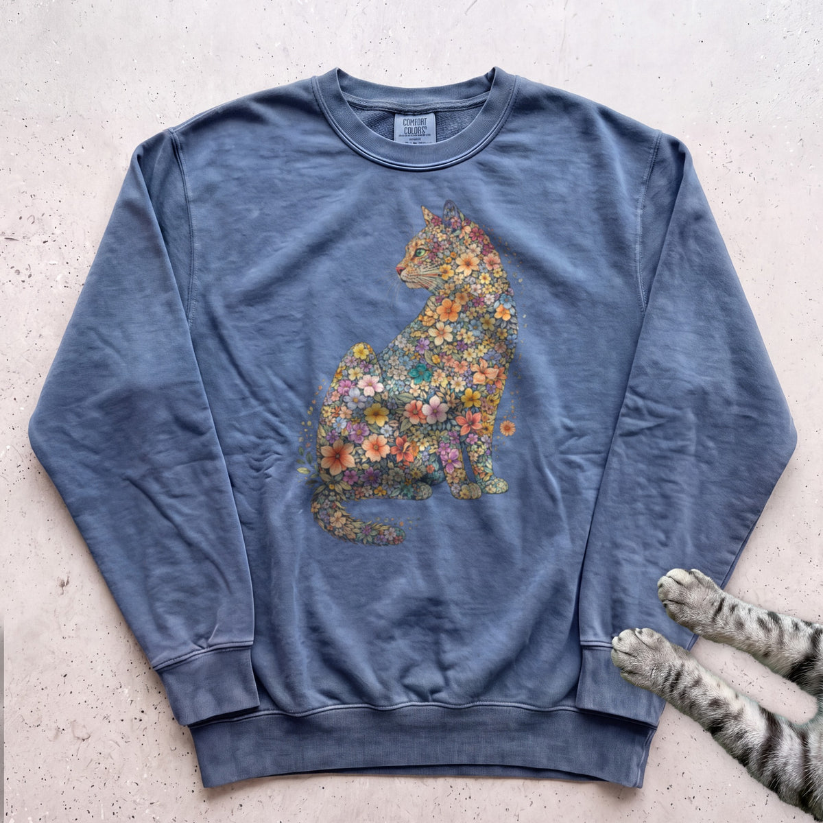 Floral Cat Sweatshirt - Blue Jean