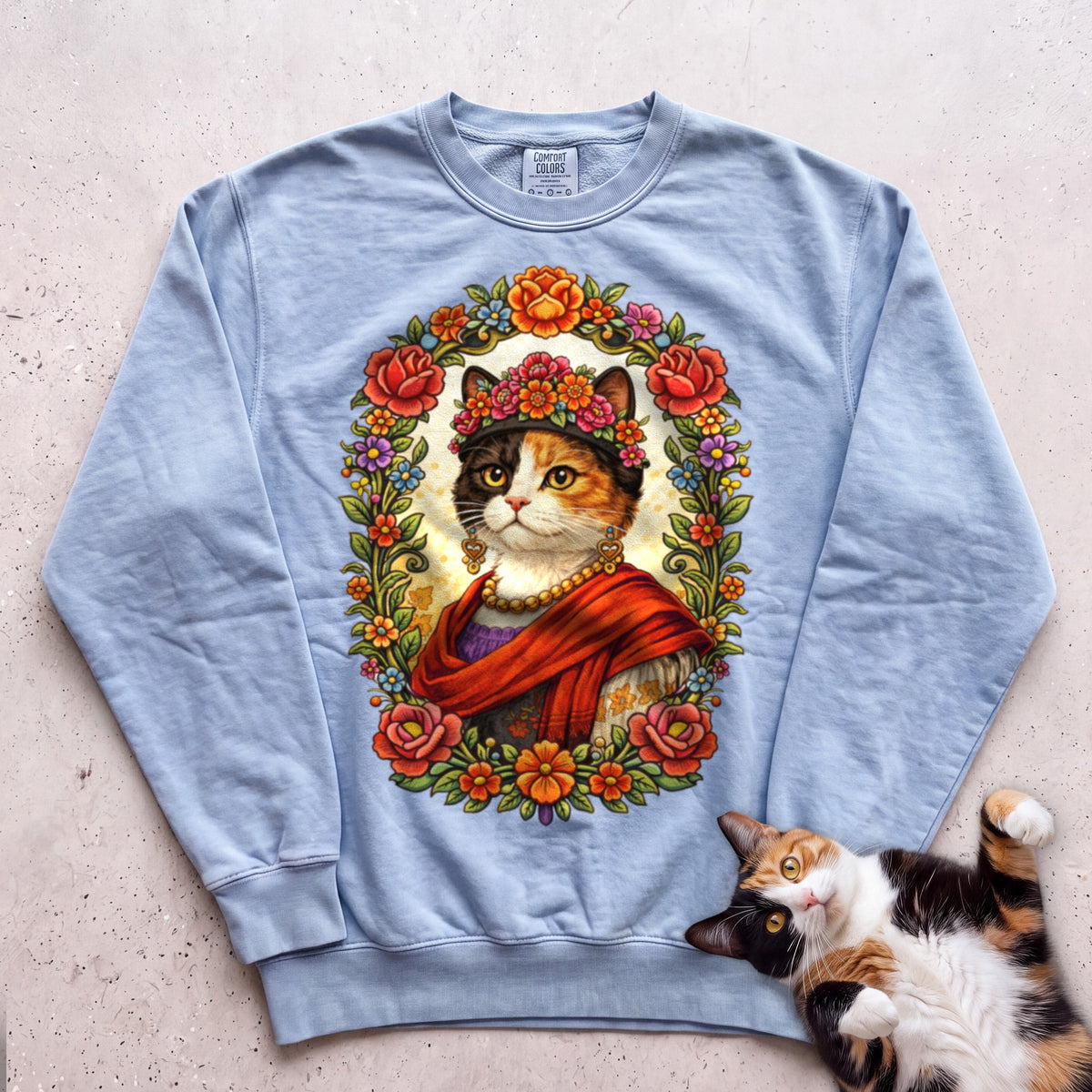 Floral Muse Cat Art Portrait Personalized Sweatshirt - Chambray