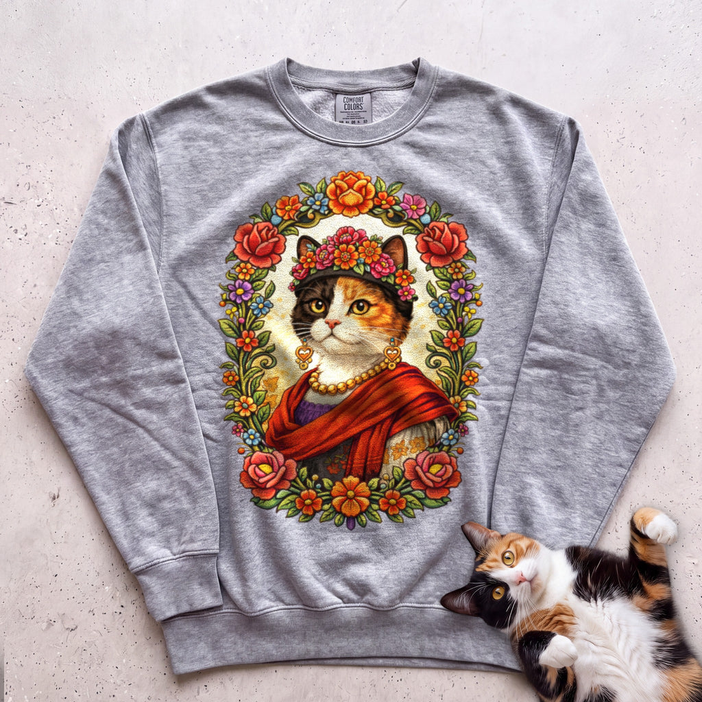 Floral Muse Cat Art Portrait Personalized Sweatshirt - Grey