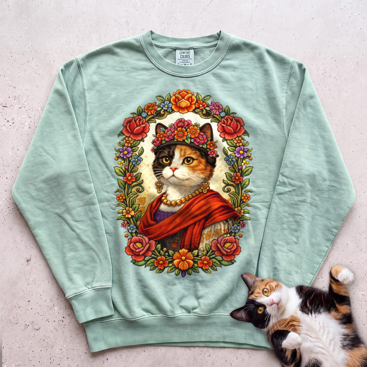 Floral Muse Cat Art Portrait Personalized Sweatshirt - Light Green