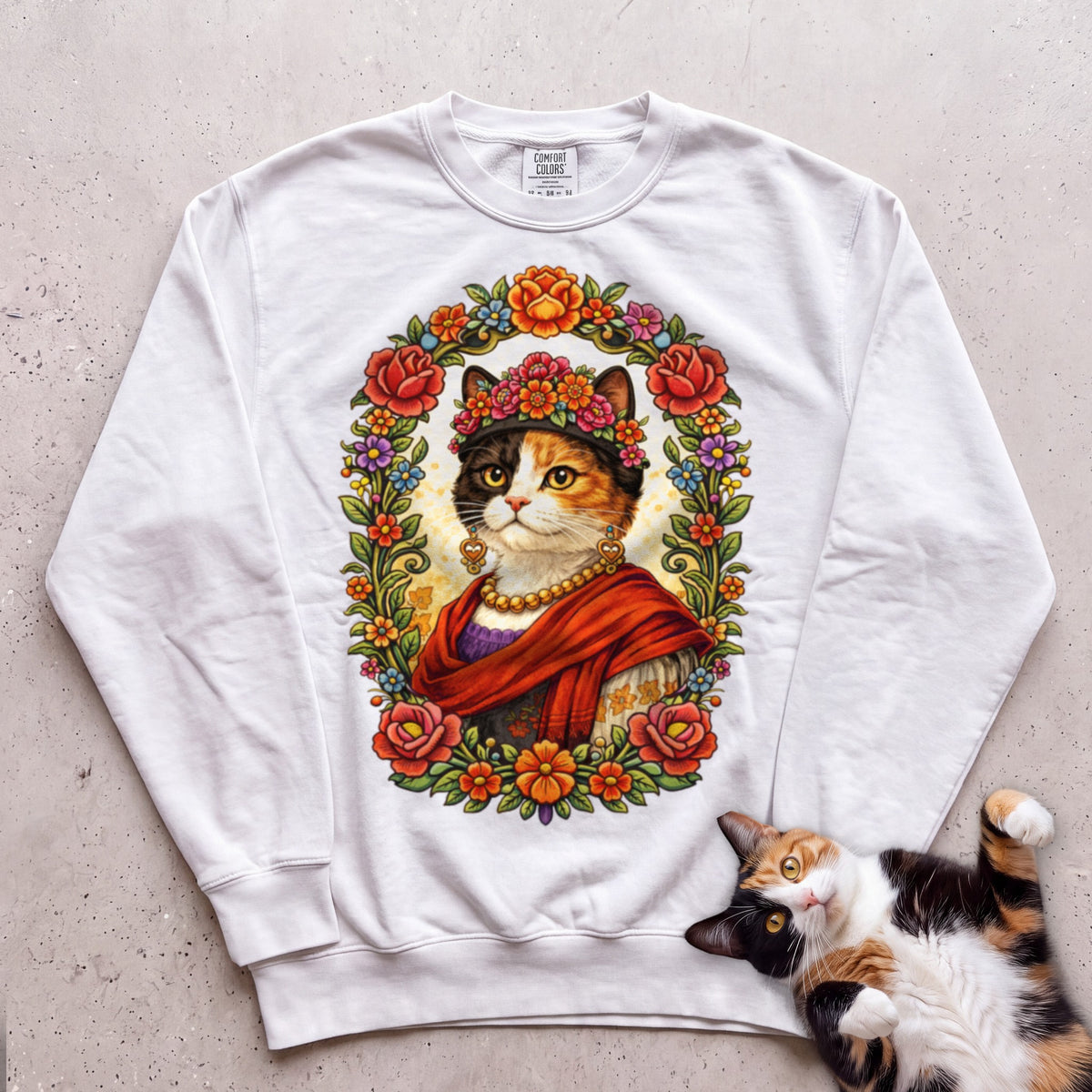 Floral Muse Cat Art Portrait Personalized Sweatshirt - White