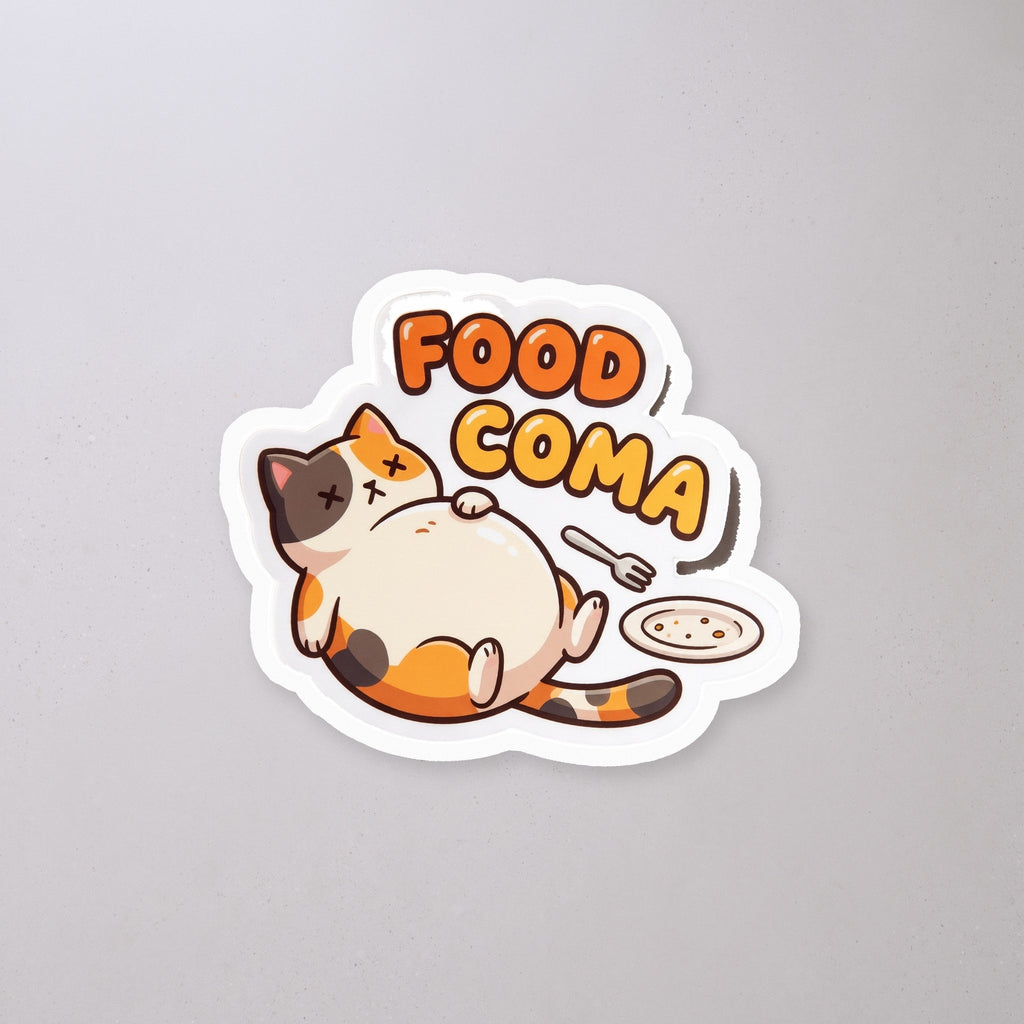 Food Coma Cat Sticker on a concrete floor