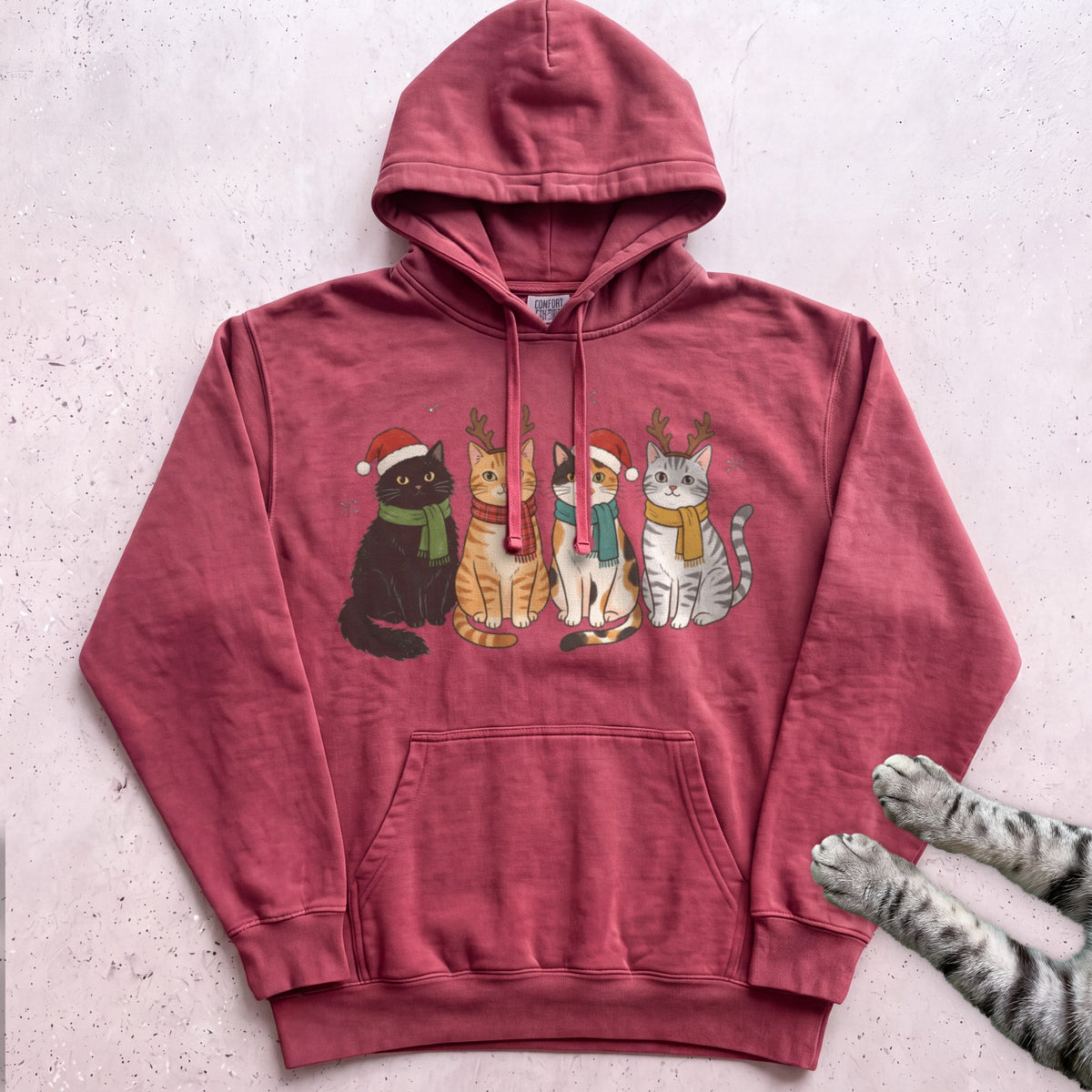 Four Festive Cats Hoodie - Crimson