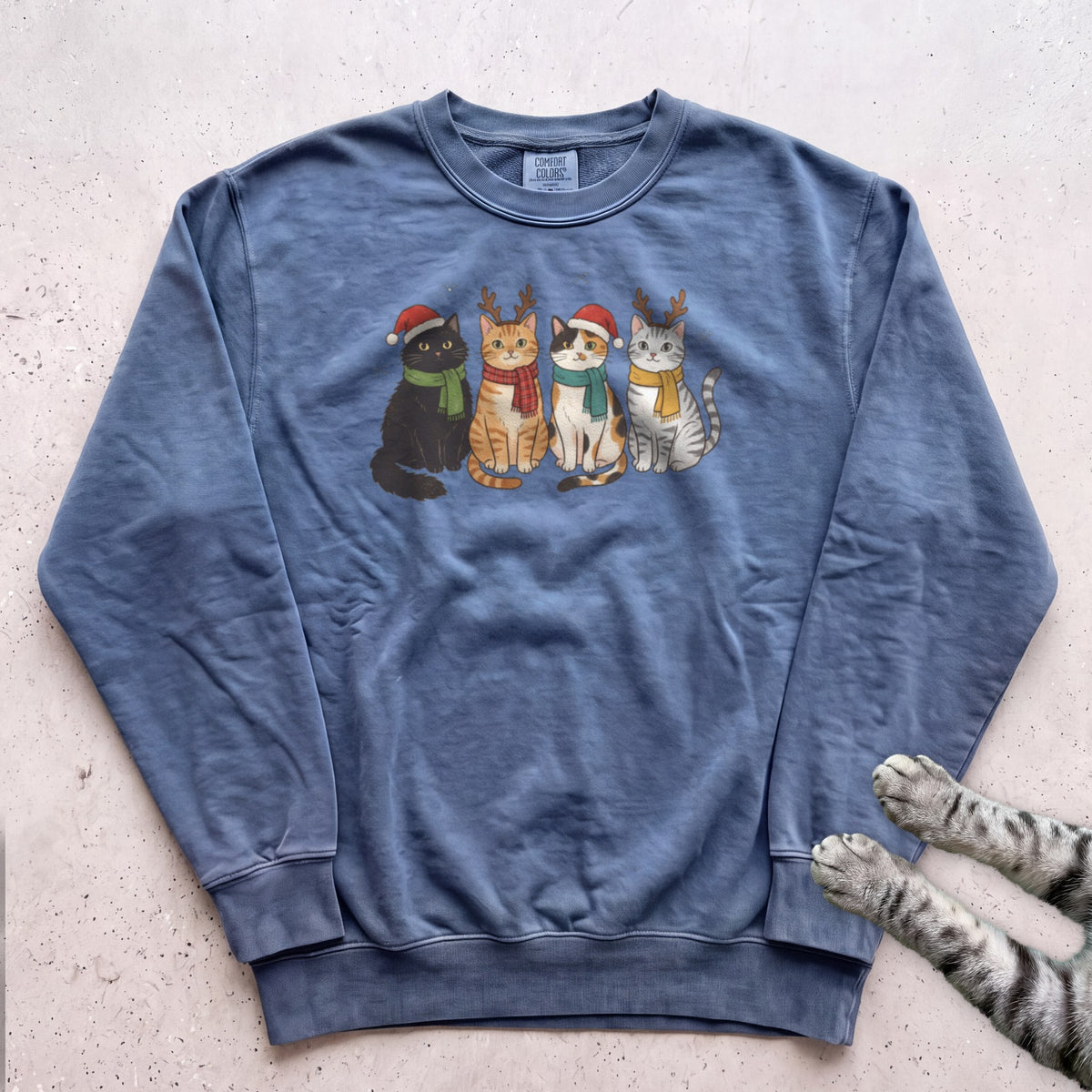 Four Festive Cats Sweatshirt - Blue Jean