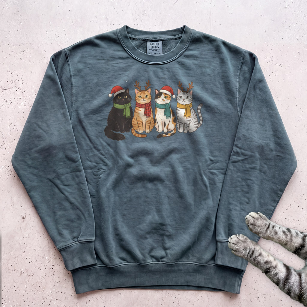 Four Festive Cats Sweatshirt - Blue Spruce
