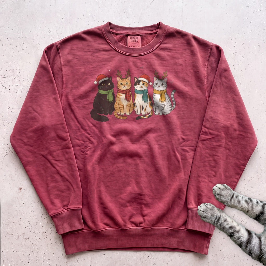 Four Festive Cats Sweatshirt - Crimson