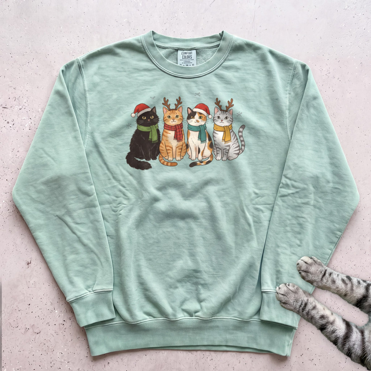 Four Festive Cats Sweatshirt - Light Green