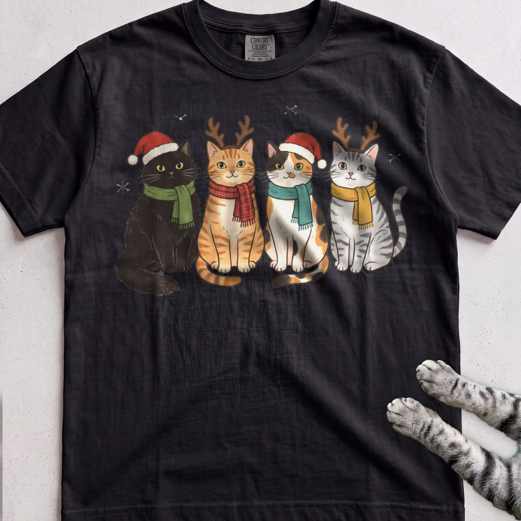 Four Festive Cats T-Shirt - Black