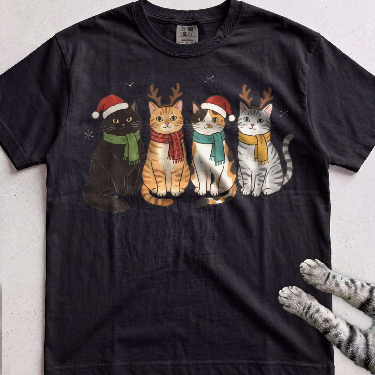 Four Festive Cats T-Shirt - Black