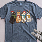 Four Festive Cats T-Shirt - Blue Jean