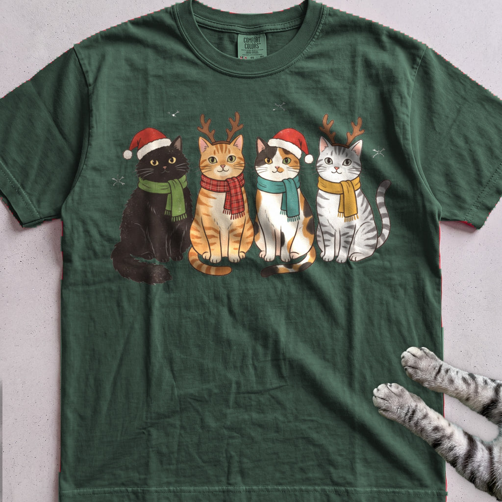 Four Festive Cats T-Shirt - Blue Spruce
