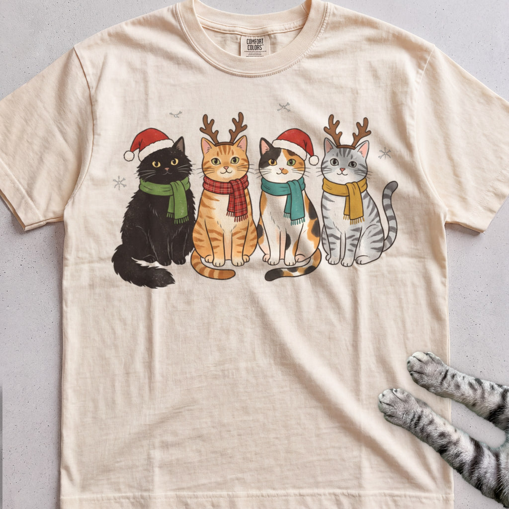 Four Festive Cats T-Shirt - Ivory