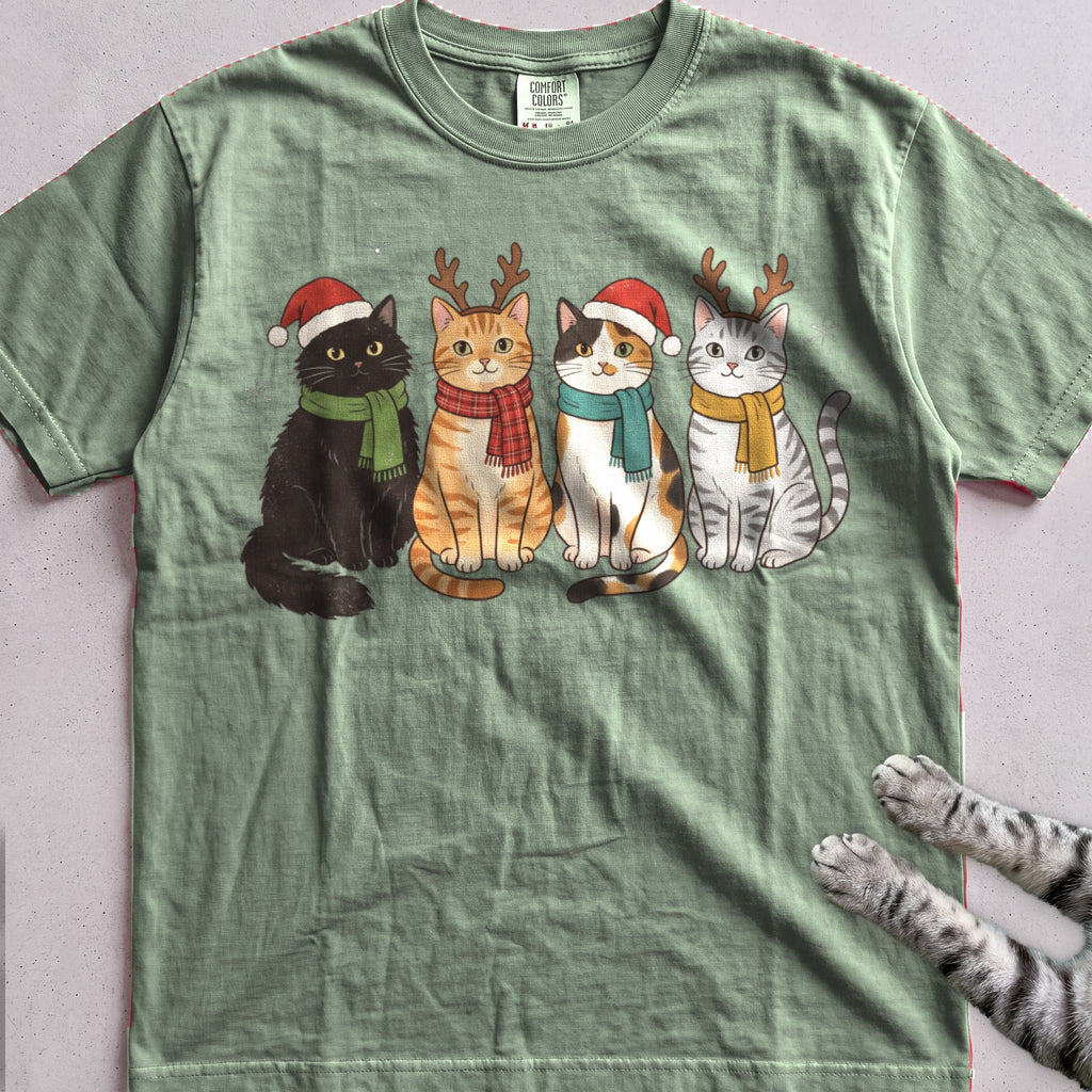 Four Festive Cats T-Shirt - Light Green