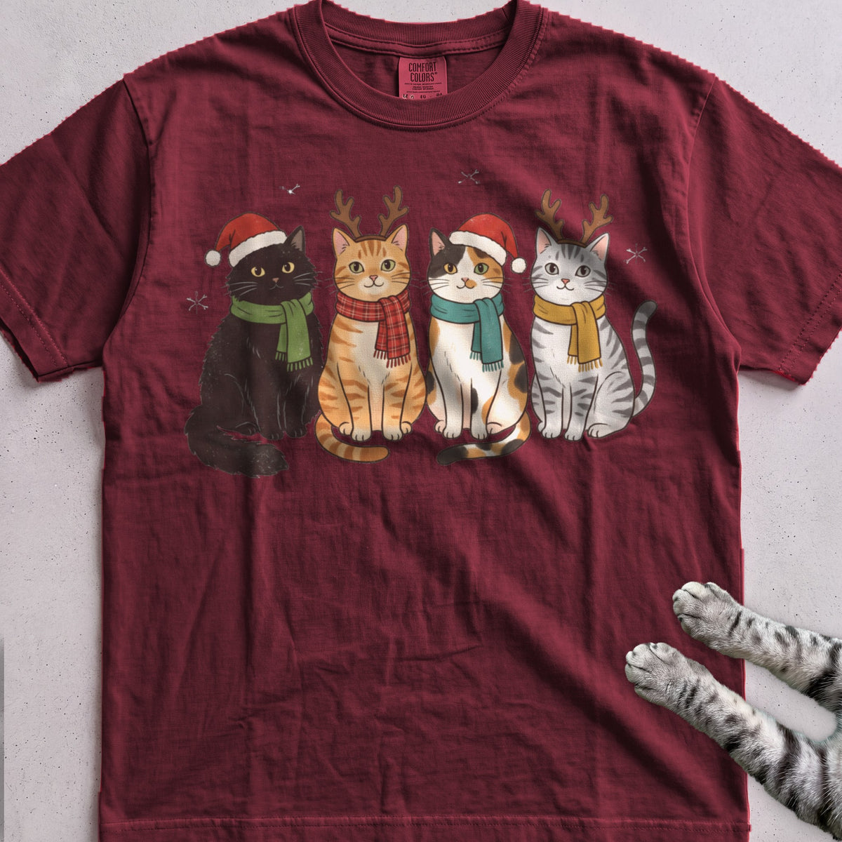 Four Festive Cats T-Shirt - Wine