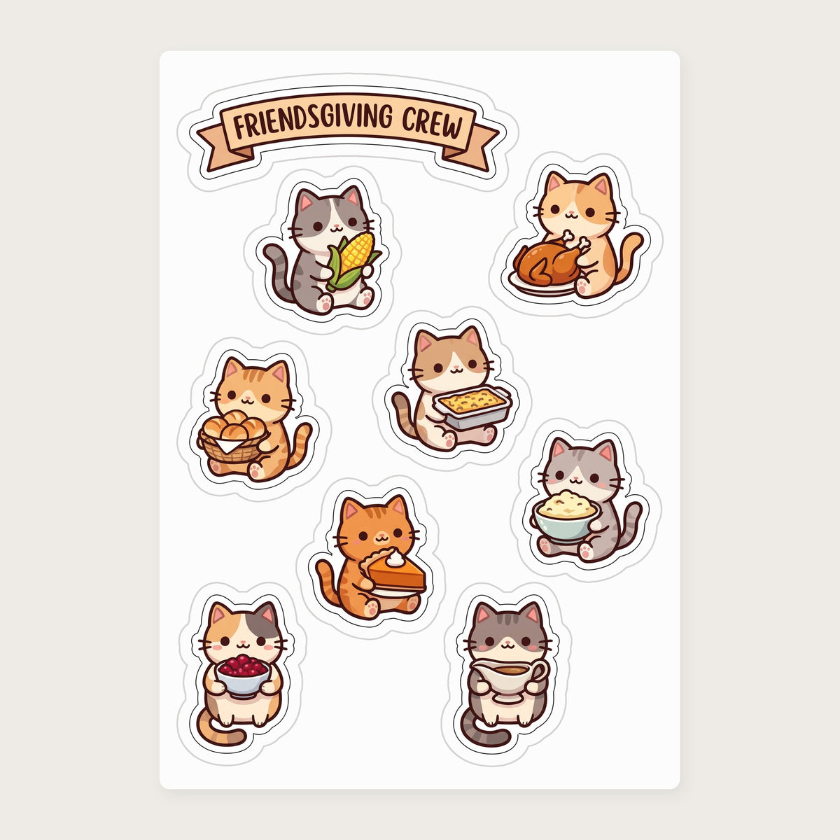 Friendsgiving Cat Crew Sticker Sheet, actual sheet layout