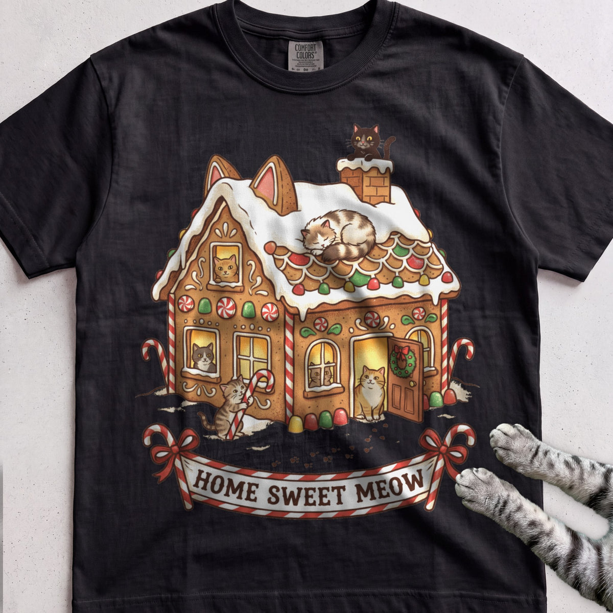 Gingerbread Cat House T-Shirt - Black