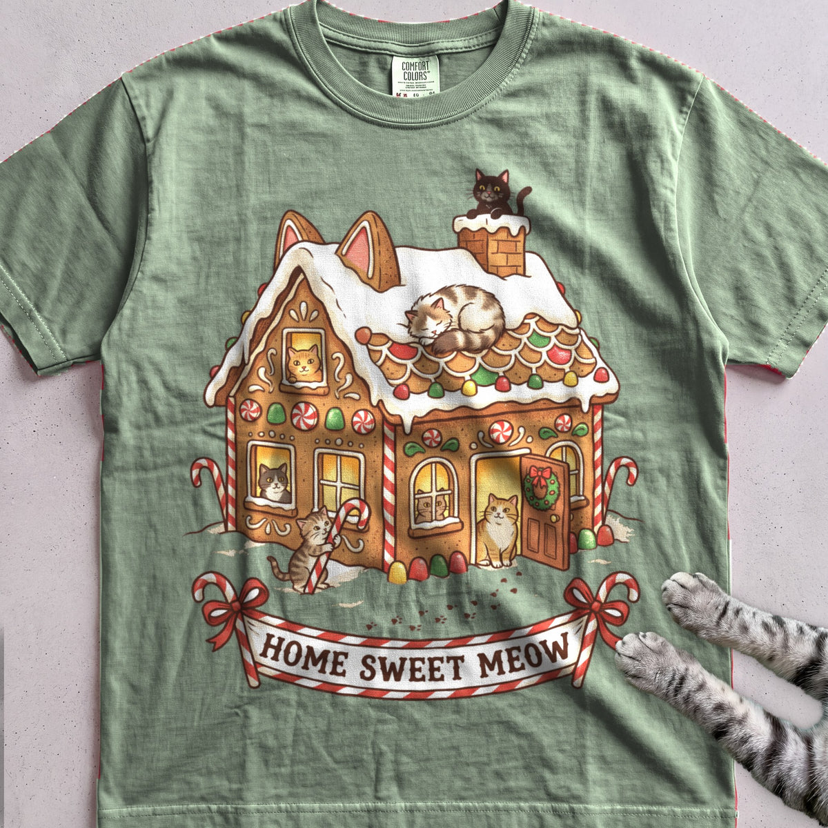 Gingerbread Cat House T-Shirt - Light Green