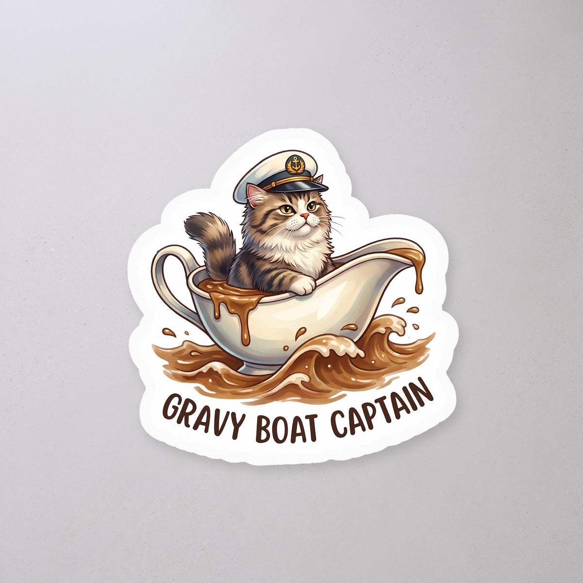 Gravy Boat Captain Cat Sticker on a concrete floor