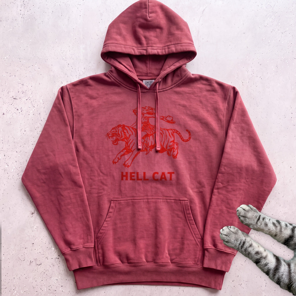 Hell Cat Hoodie — Retro Red Graphic Tiger Rider Hoodie - Crimson