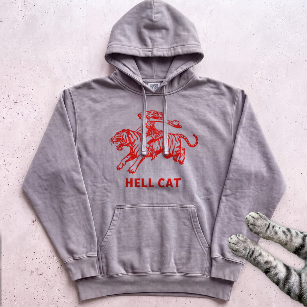 Hell Cat Hoodie — Retro Red Graphic Tiger Rider Hoodie - Grey