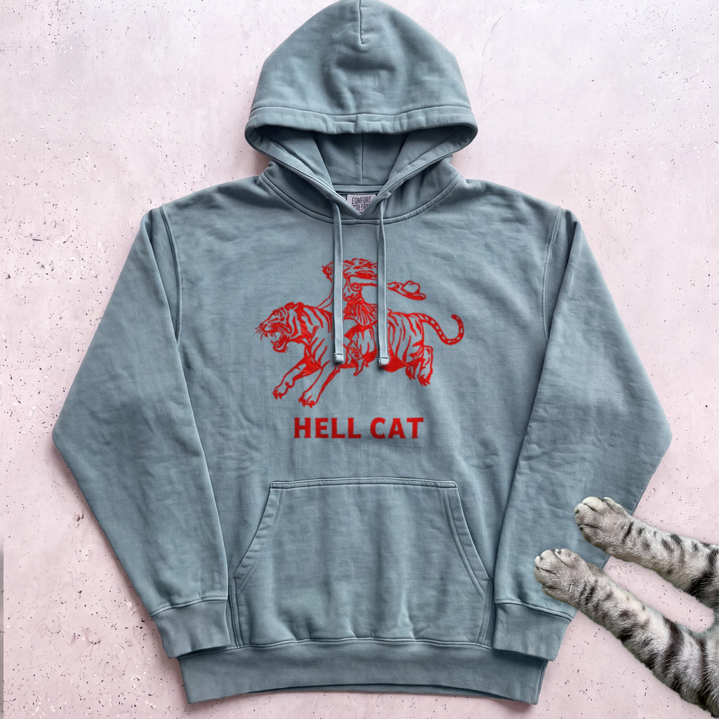 Hell Cat Hoodie — Retro Red Graphic Tiger Rider Hoodie - Seafoam