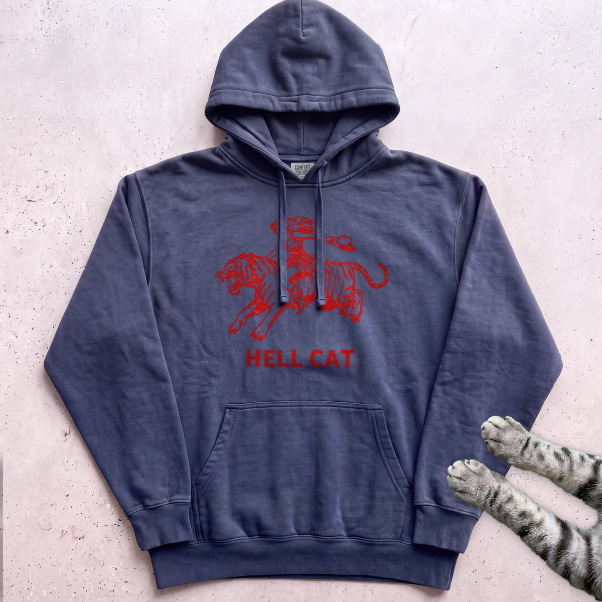 Hell Cat Hoodie — Retro Red Graphic Tiger Rider Hoodie - True Navy
