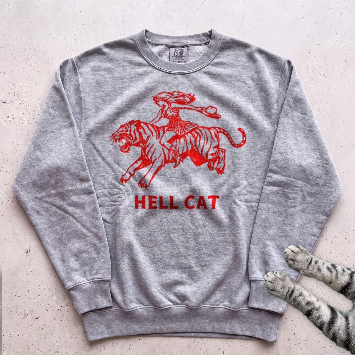Hell Cat Sweatshirt — Retro Red Graphic Tiger Rider Sweatshirt - Grey