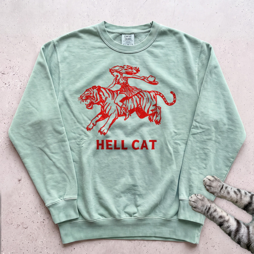 Hell Cat Sweatshirt — Retro Red Graphic Tiger Rider Sweatshirt - Light Green