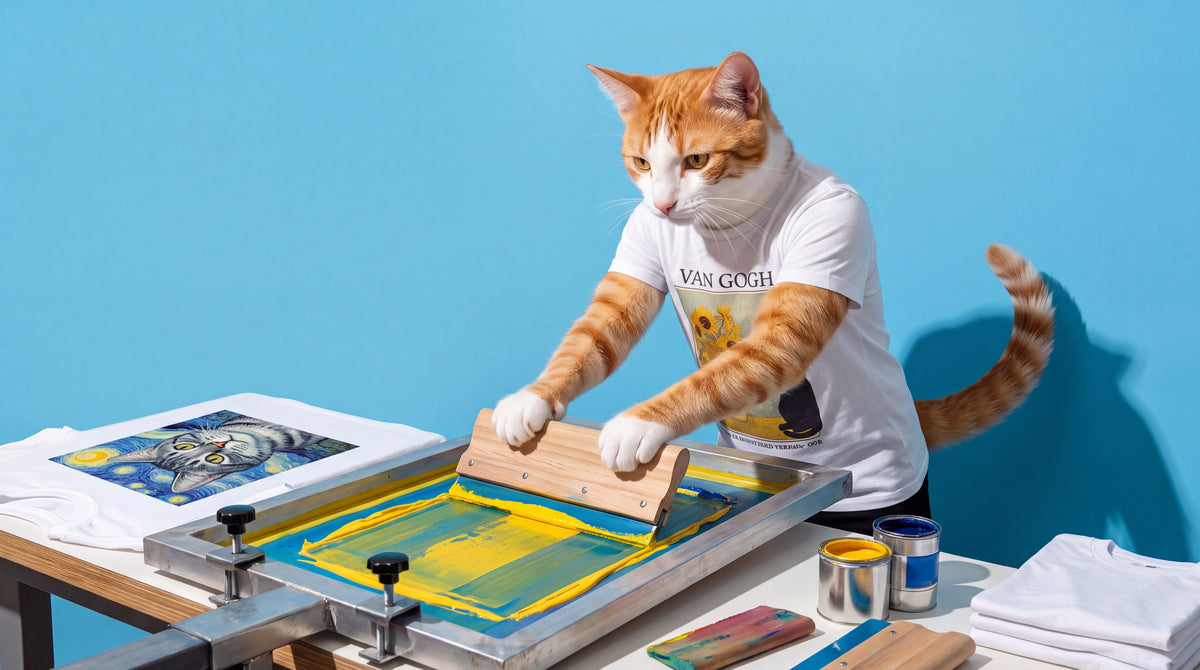 Felix, Meowtopia's owner, screen-printing a personalized cat portrait t-shirt