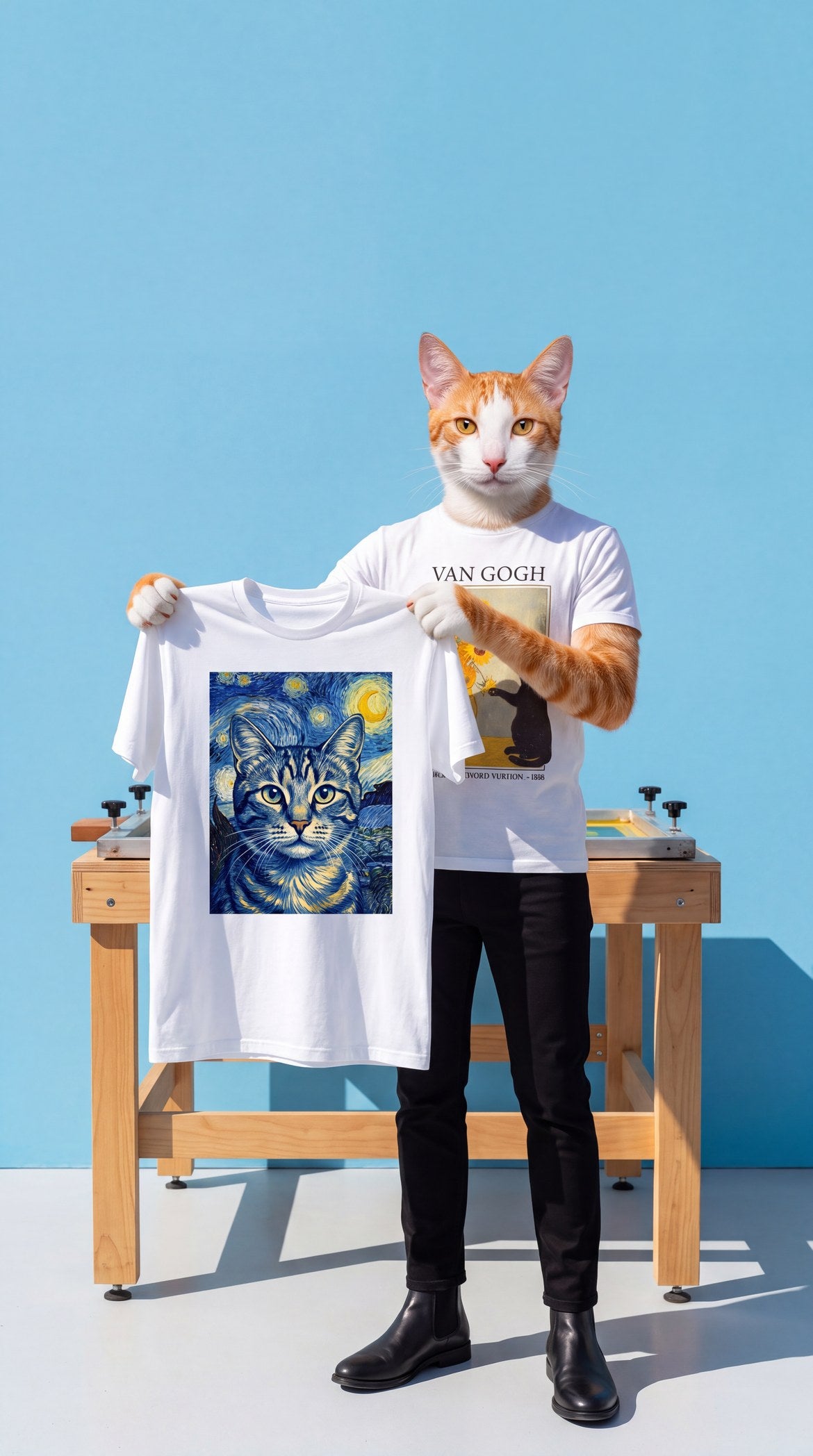 Felix, Meowtopia's owner, screen-printing a personalized cat portrait t-shirt