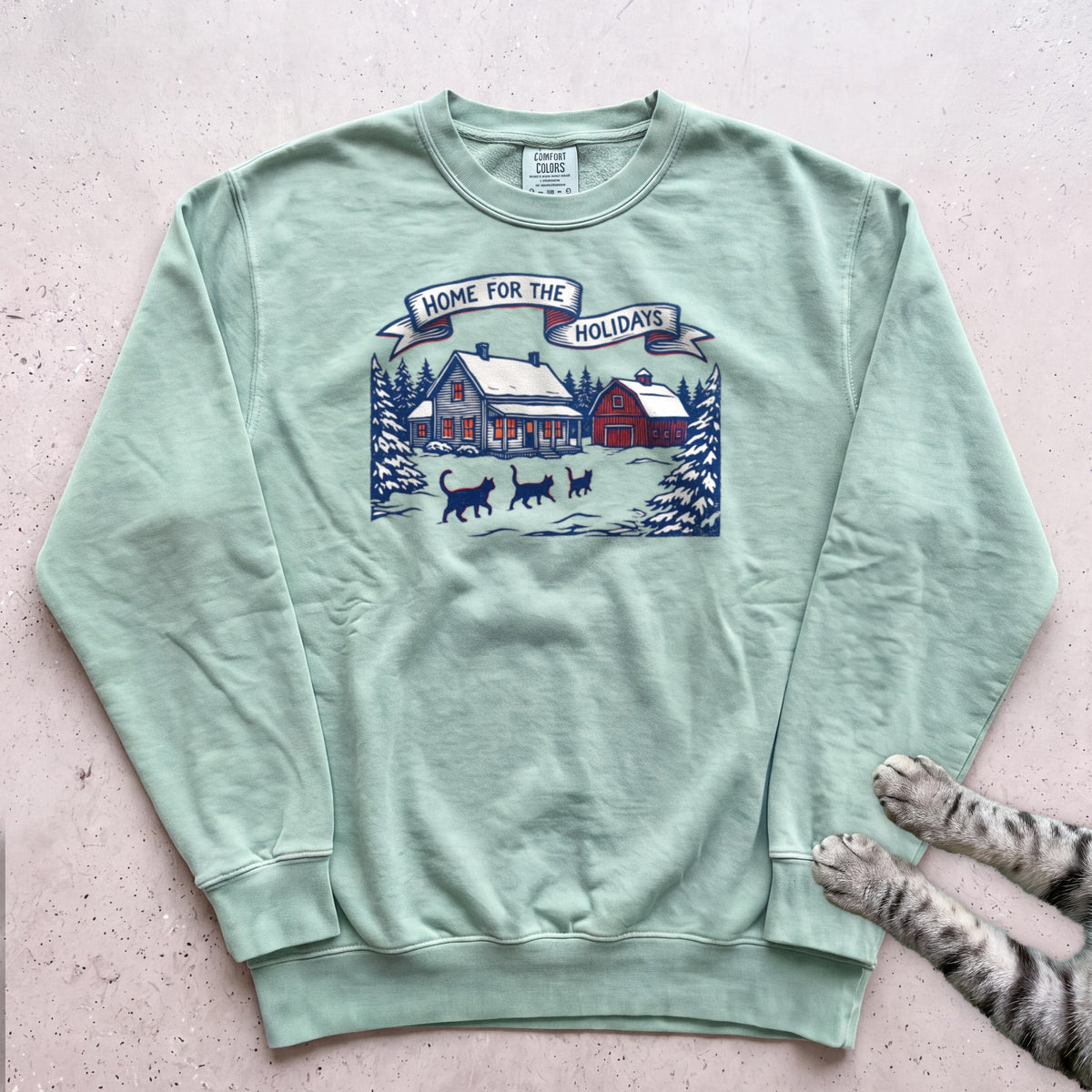 Home for the Holidays Cat Sweatshirt - Light Green