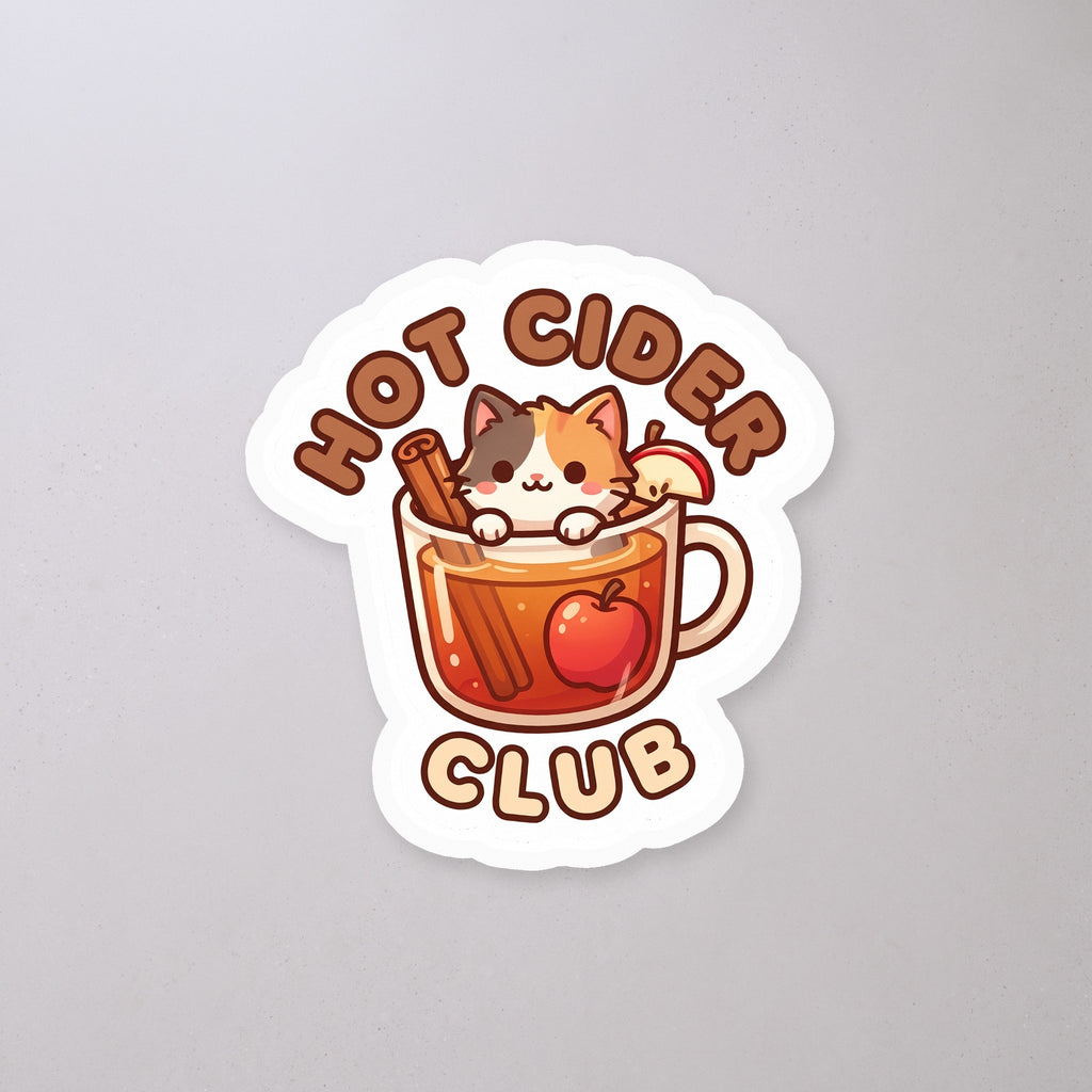Hot Cider Club Cat Sticker on a concrete floor