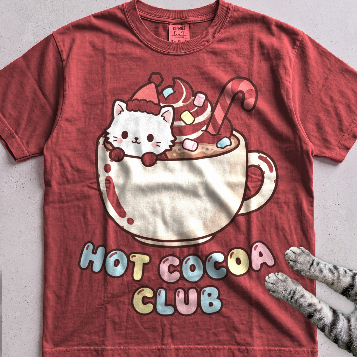 Hot Cocoa Club Cat T-Shirt - Crimson