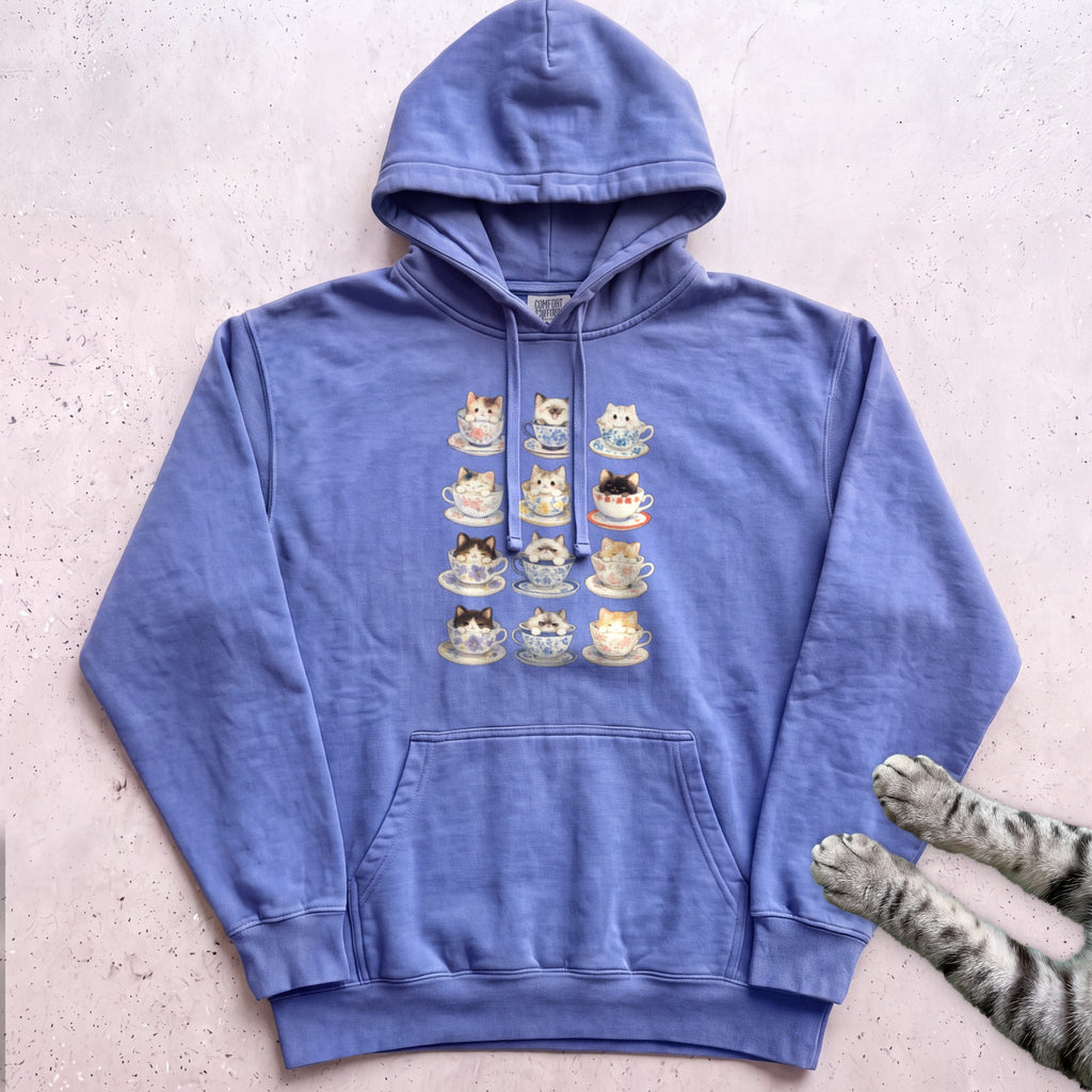 Kawaii Cats in Teacups Hoodie - Flo Blue