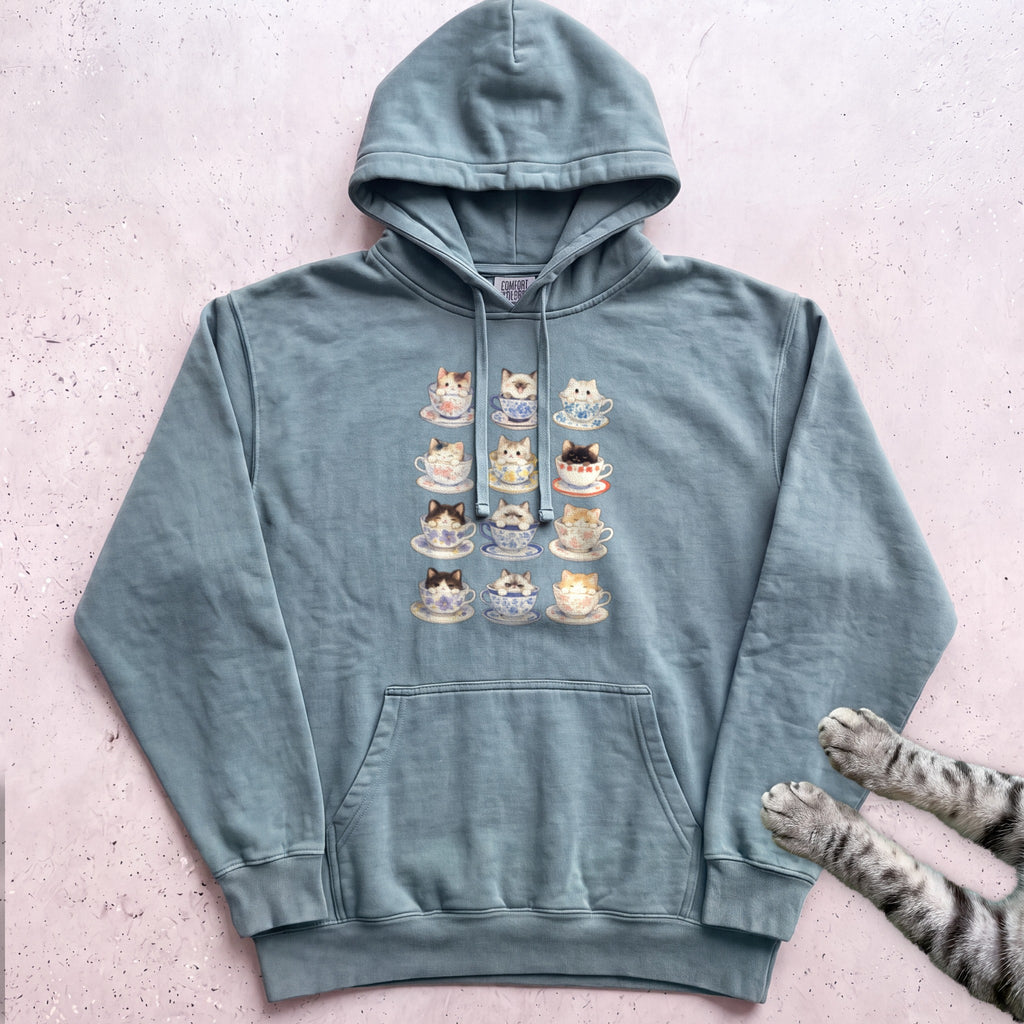 Kawaii Cats in Teacups Hoodie - Seafoam