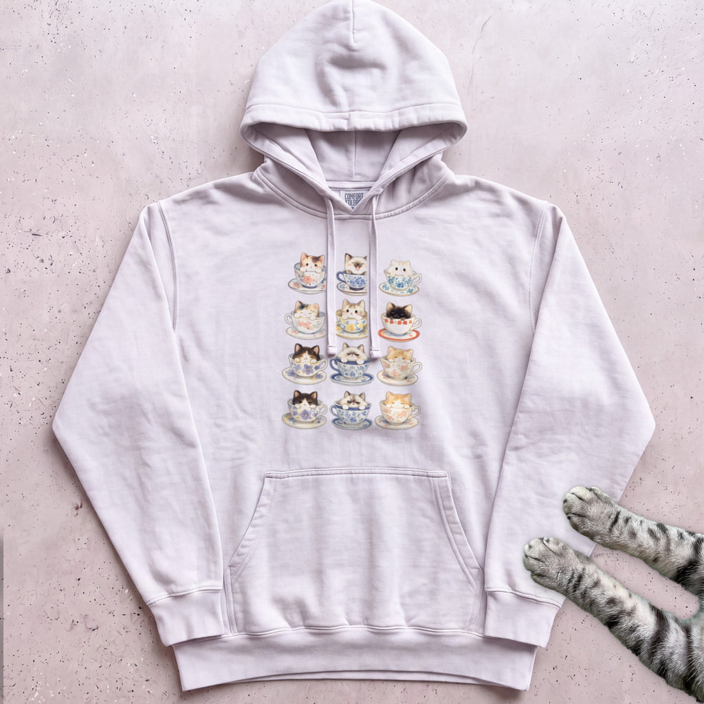 Kawaii Cats in Teacups Hoodie - White