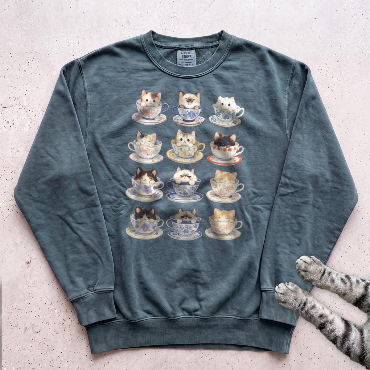 Kawaii Cats in Teacups Sweatshirt - Blue Spruce