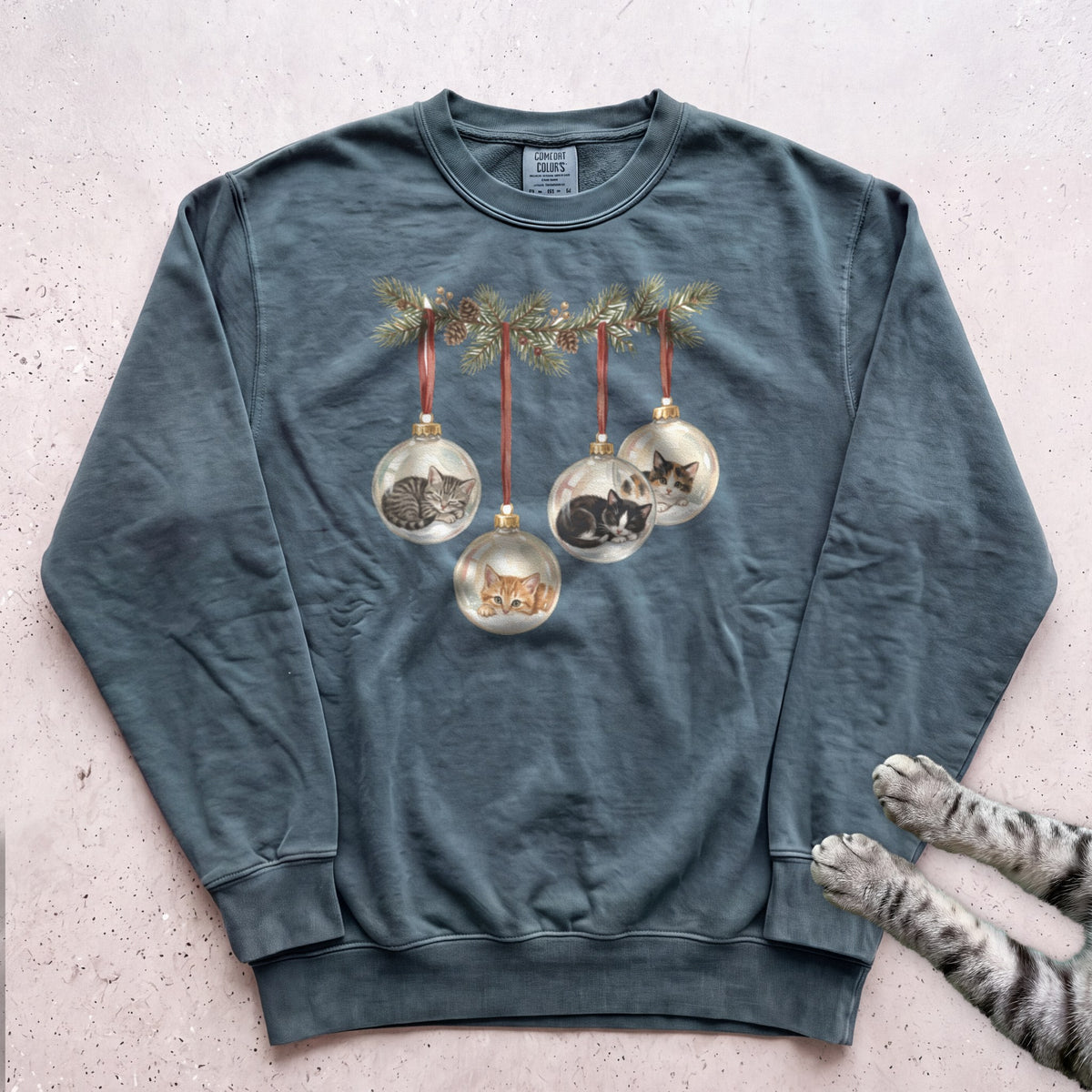 Kittens in Glass Baubles Sweatshirt - Blue Spruce
