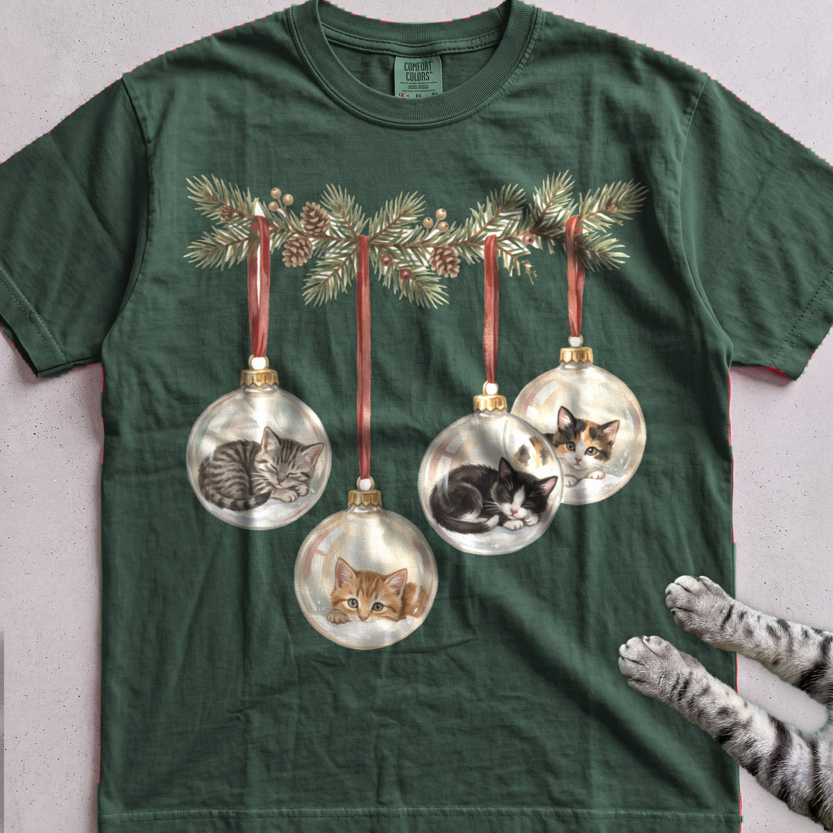 Kittens in Glass Baubles T-Shirt - Blue Spruce
