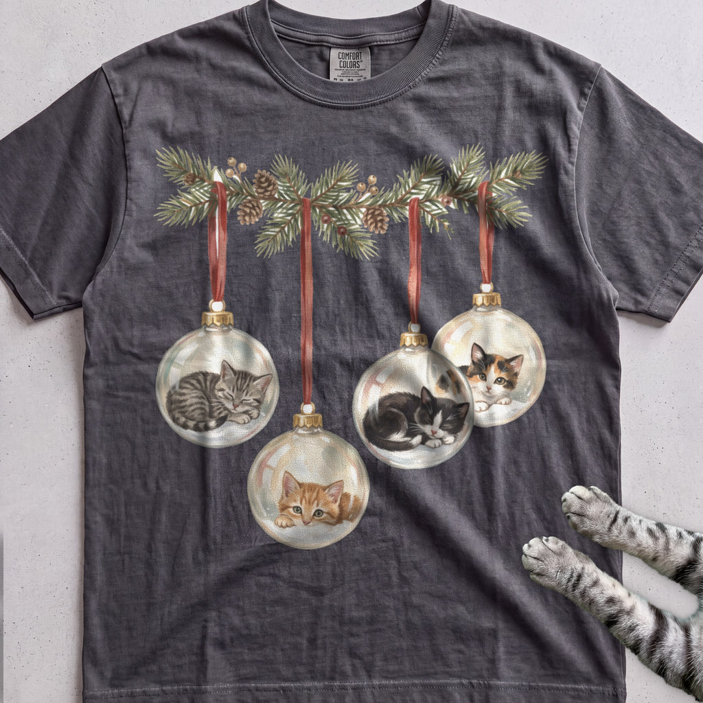 Kittens in Glass Baubles T-Shirt - Pepper