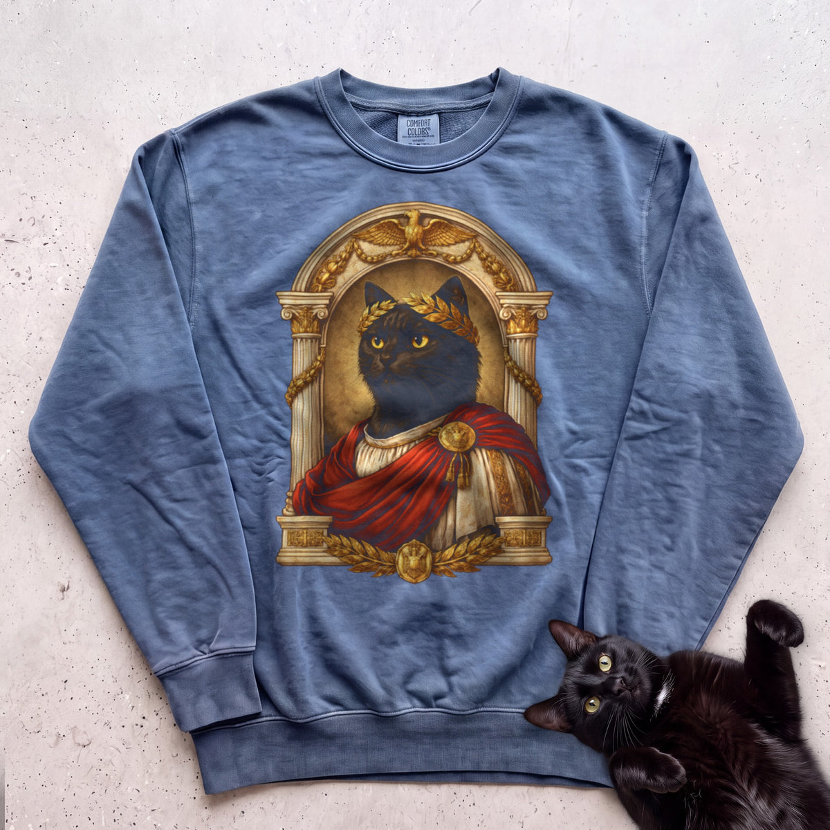 Laureled Emperor Cat Portrait Personalized Sweatshirt - Blue Jean